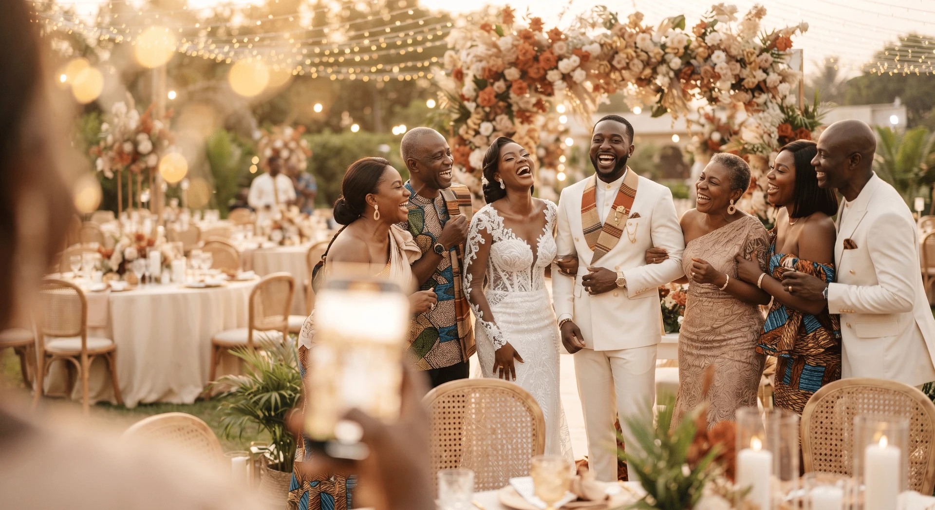 Mariés entourés de leurs proches lors d'une cérémonie de mariage célébrée en extérieur, avec photos et souvenirs partagés