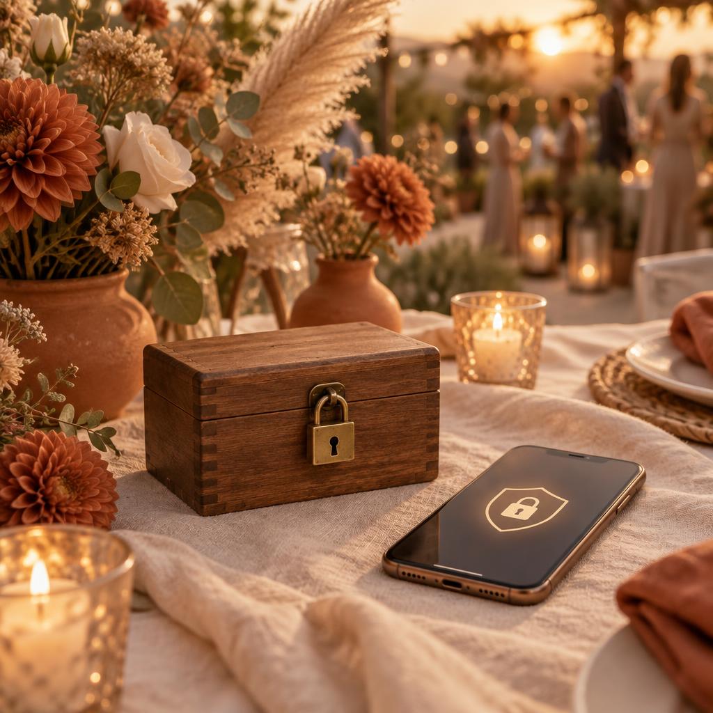 Petite boîte en bois fermée par un cadenas et téléphone affichant un bouclier de protection, posés sur une table de fête en tissu crème