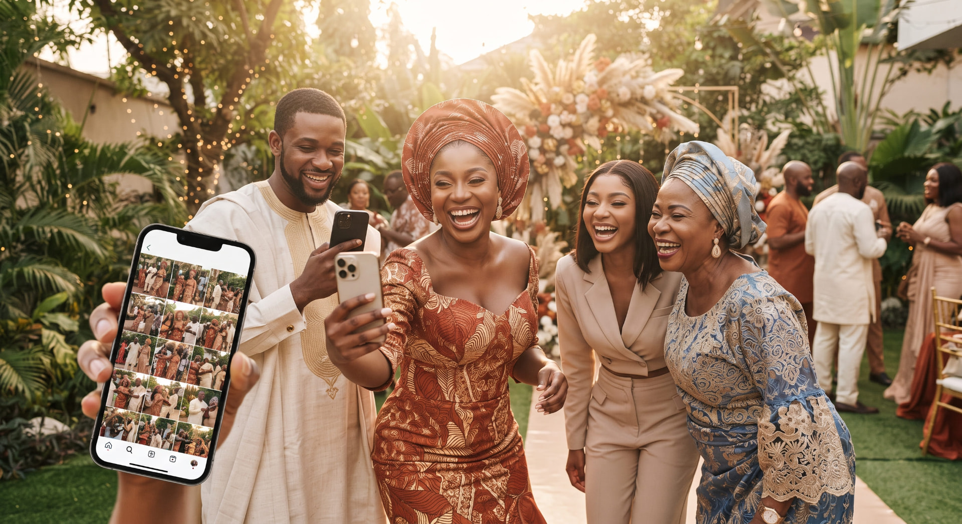 Invités rieurs qui prennent des photos avec leur téléphone lors d'une célébration en plein air, l'album photo partagé affiché sur un écran