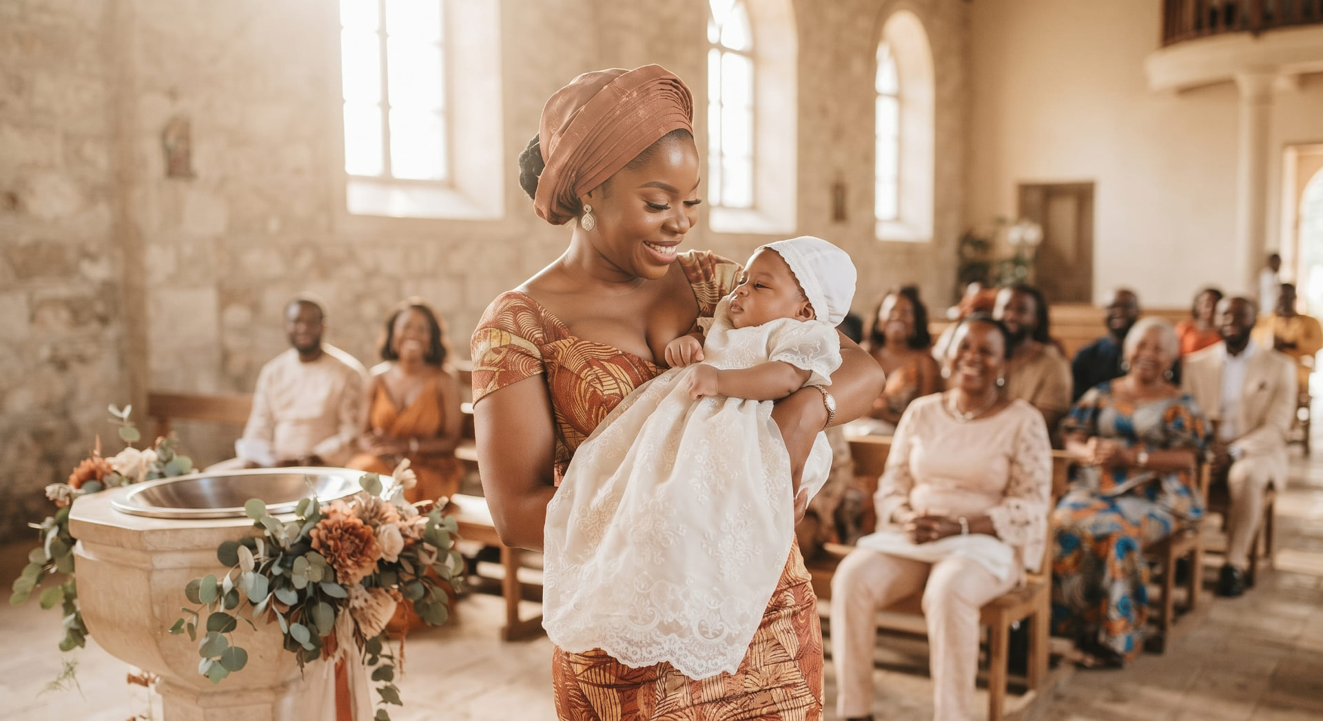 Une maman souriante porte son bébé en robe de baptême au bras, au milieu des proches réunis dans une église baignée de lumière